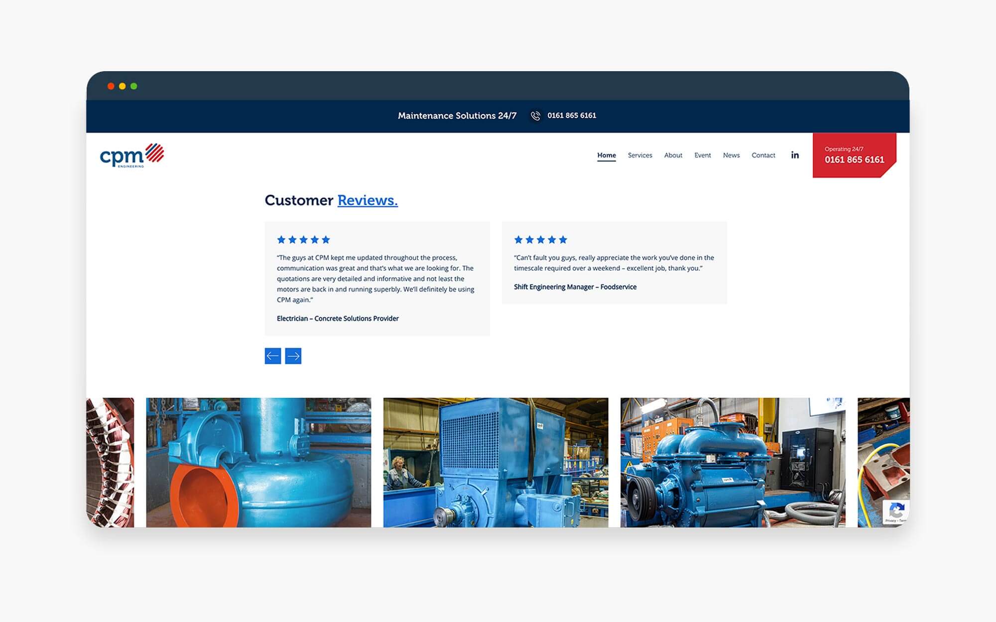 Screenshot of CPM's customer reviews page featuring ratings and images of machinery