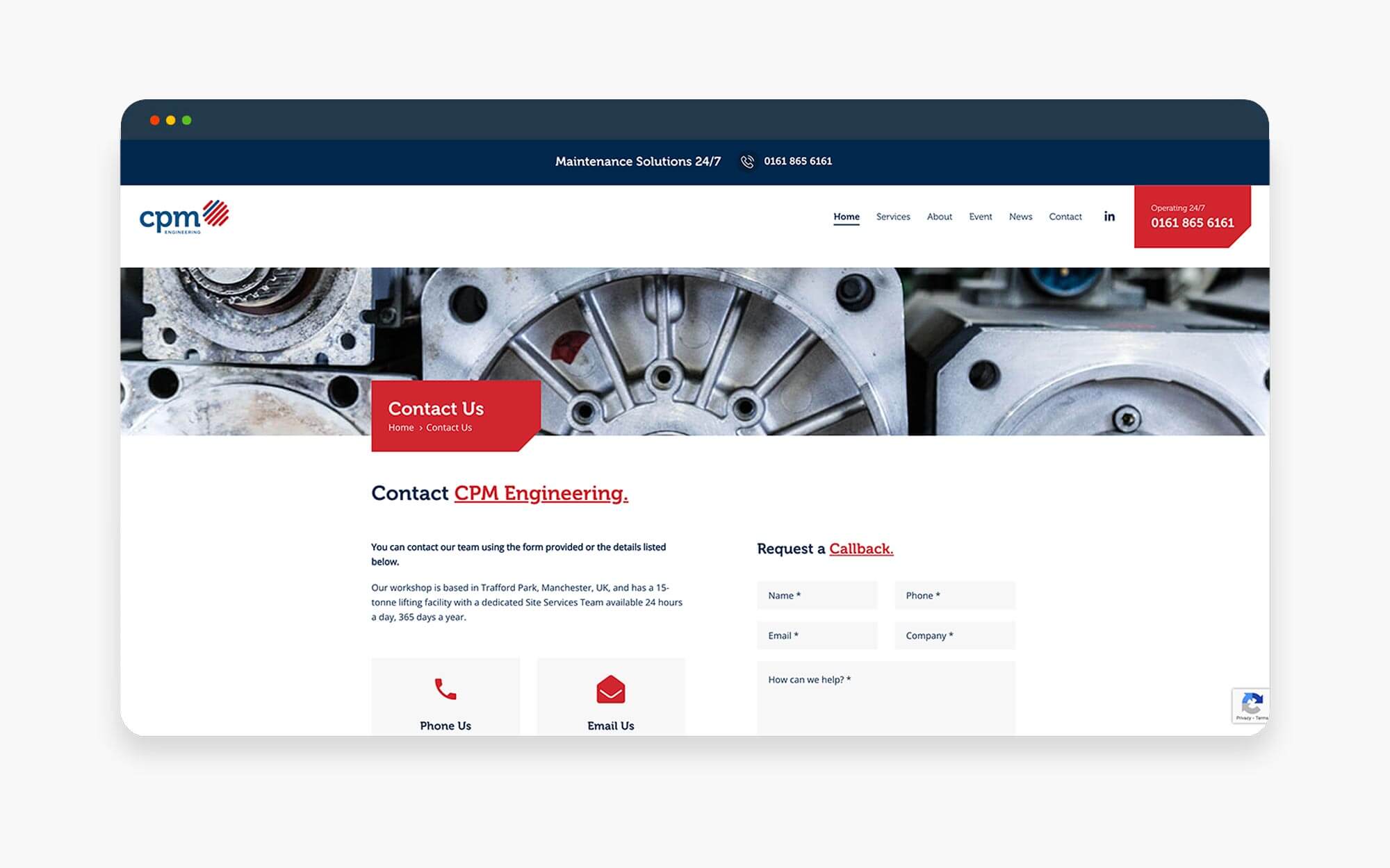 Screenshot of the contact page for CPM Consultants showcasing contact information and mechanical background design