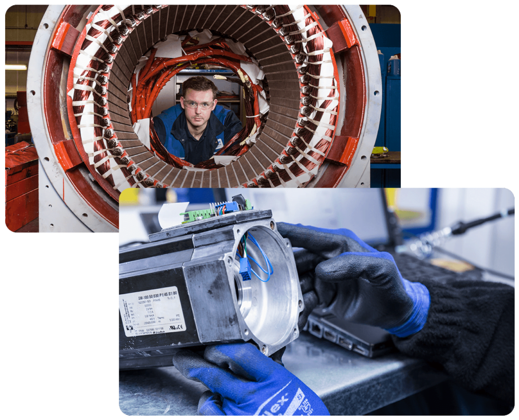 Engineer Working on Electric Motor Components An engineer inspecting an electric motor's windings and a technician holding a motor component in a workshop.