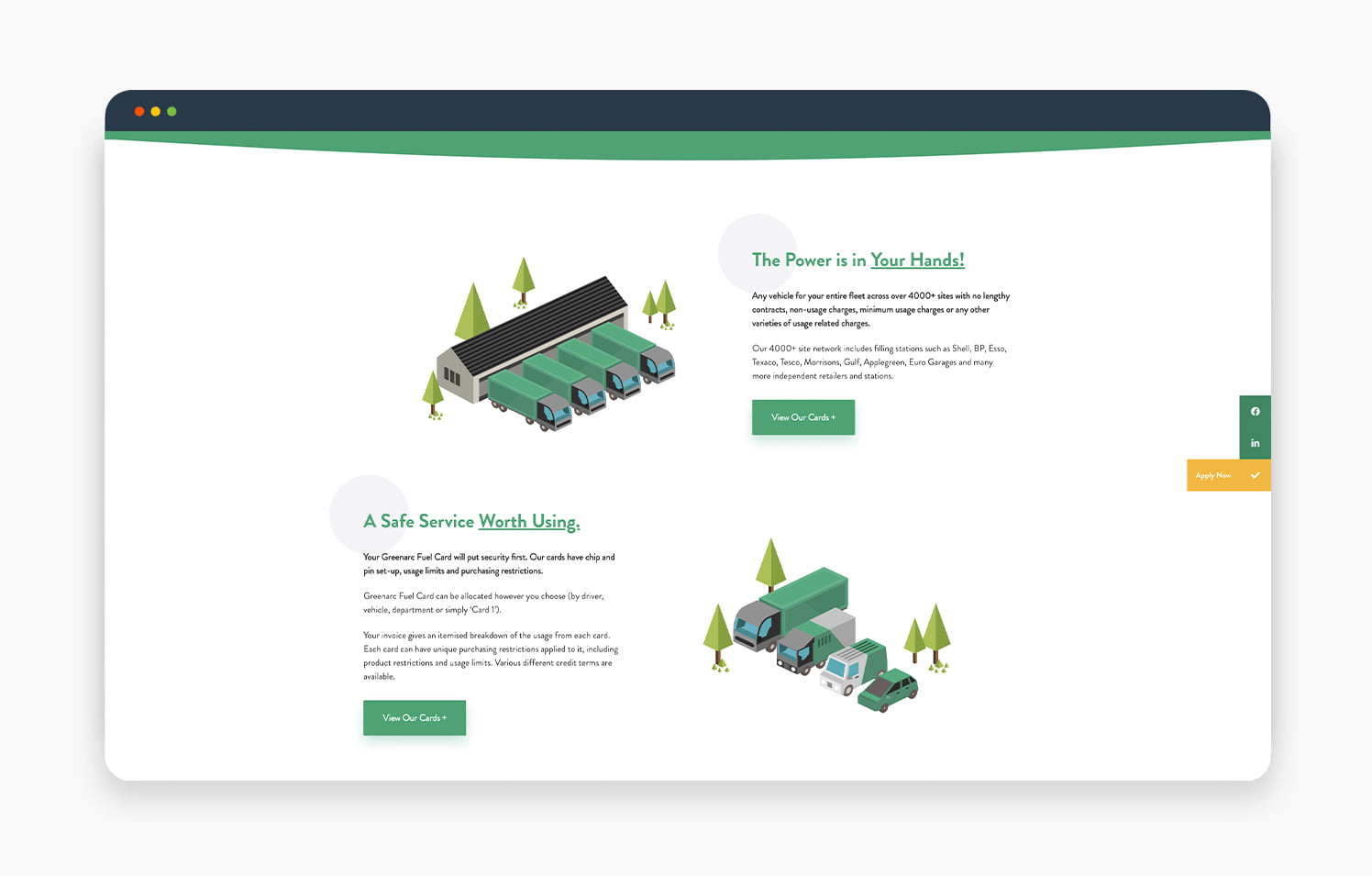 A modern service platform interface showcasing eco-friendly features and services with illustrations of vehicles and trees.