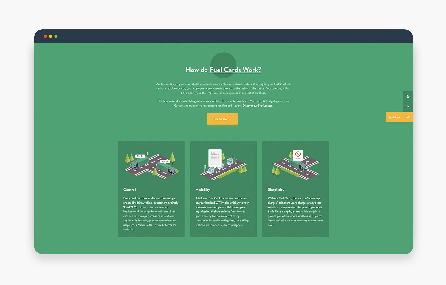 Screenshot of an informational webpage explaining how the service works, featuring sections on search, validity, and simplicity with a green background.
