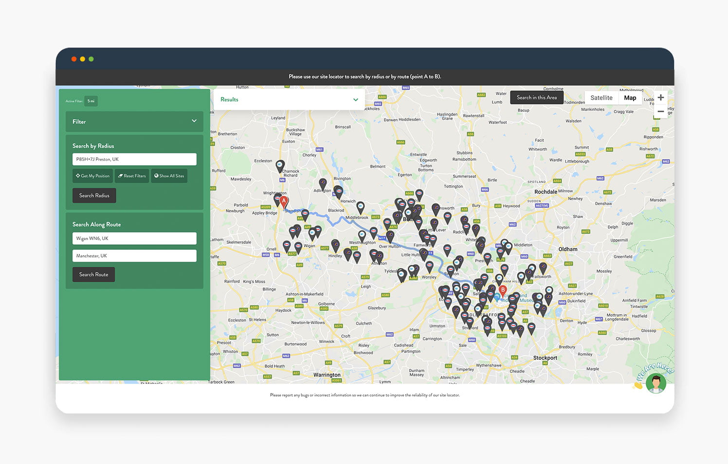 A screenshot of an interactive map displaying various location markers and a sidebar for search and selection options.