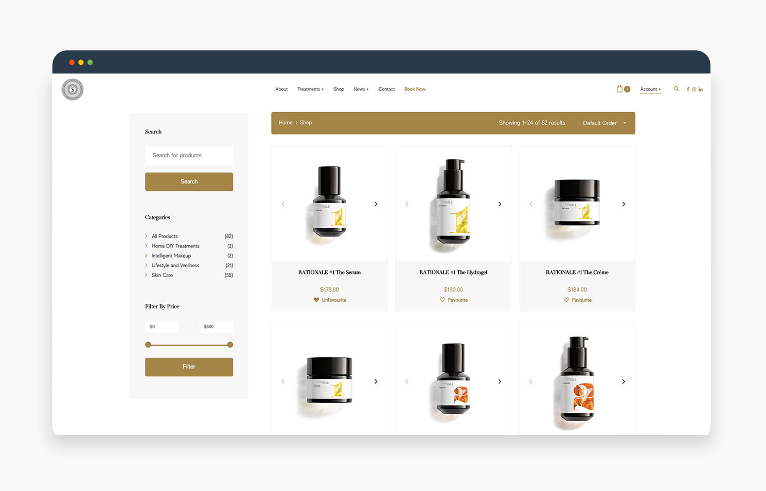 A visually appealing layout of various eco-friendly skincare products on a website, featuring bottles and jars with elegant designs.