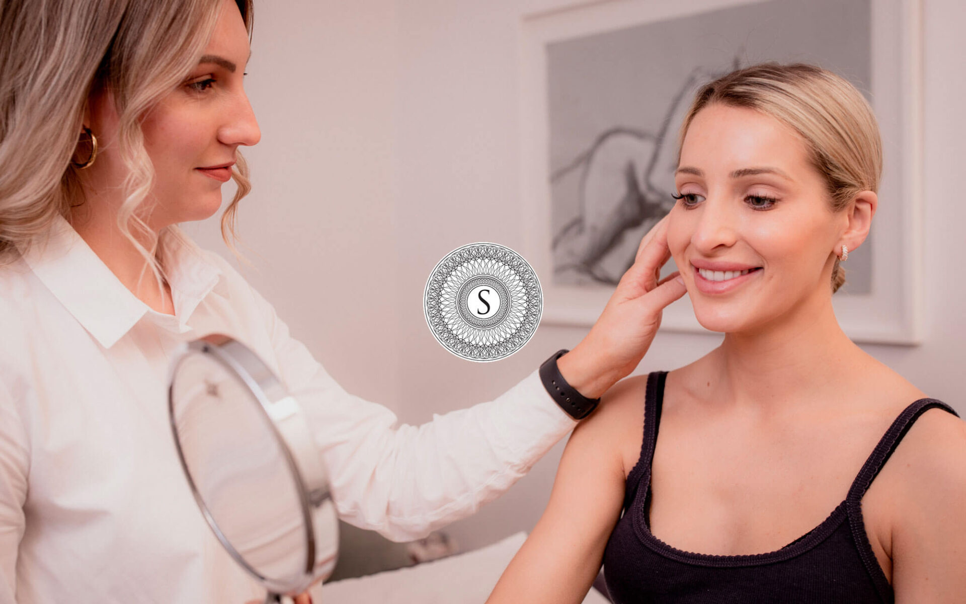 A skincare expert consulting with a client in a modern beauty studio.