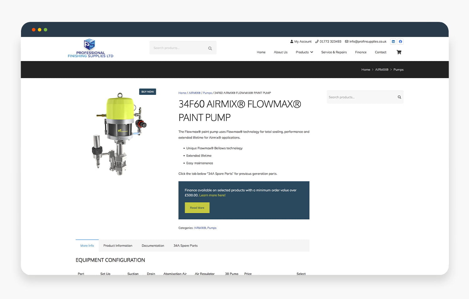 Product page showcasing the 34F60 ARM® FLOMAX® paint pump with detailed specifications and options.