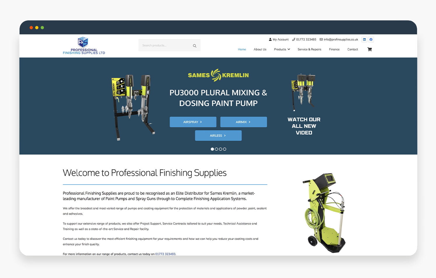 Homepage of Professional Finishing Supplies featuring PU1000 Plural Mixing and Dosing Paint Pump