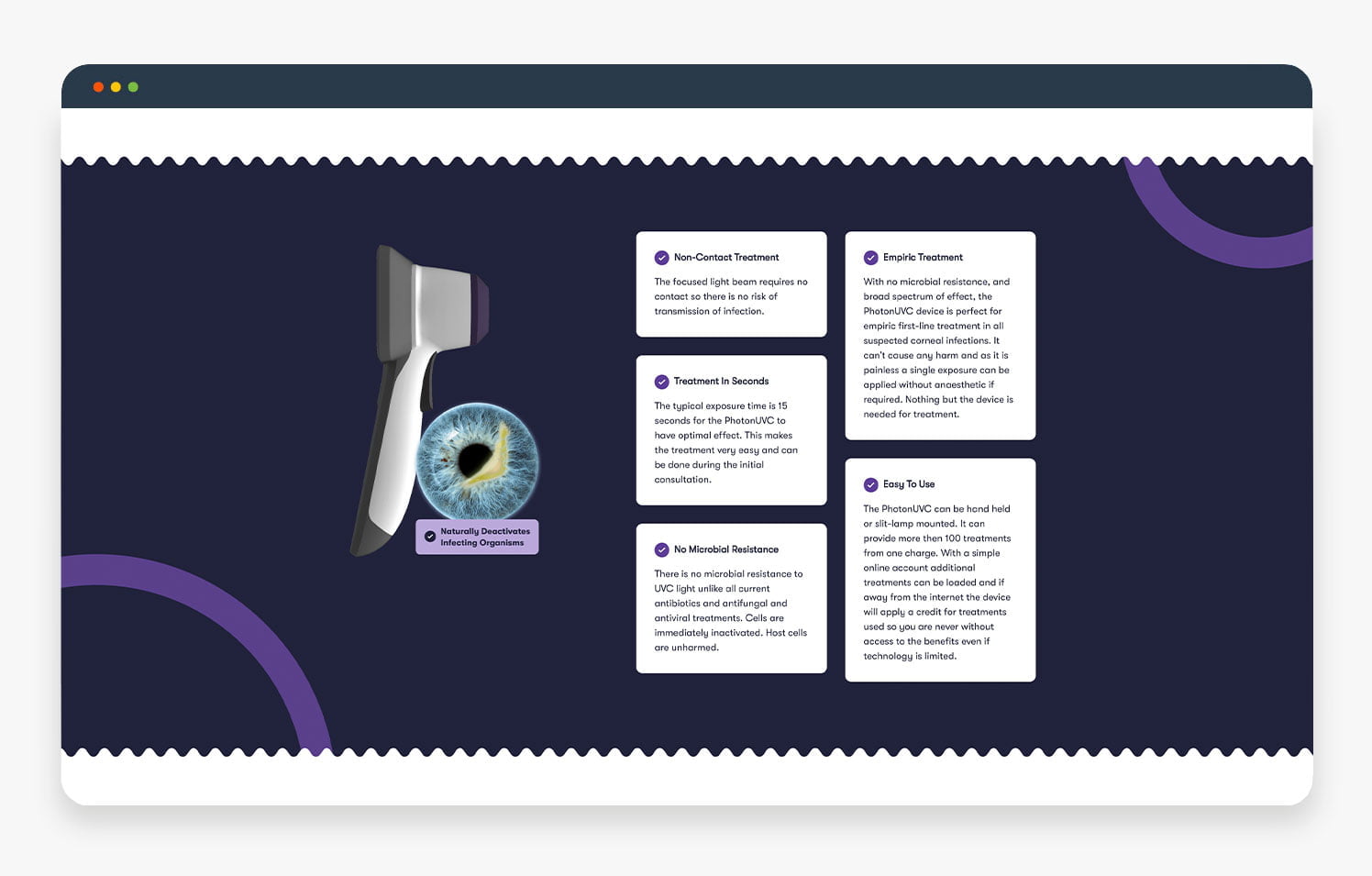 An illustration of an eye examination tool with descriptive text boxes in a dark-themed layout.