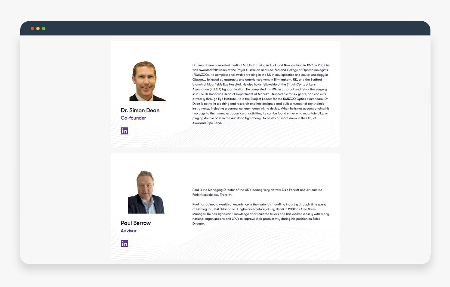 Profiles of Dr. Simon Green, Co-Founder, and Paul Martin, Director, showcasing their professional backgrounds and contributions.