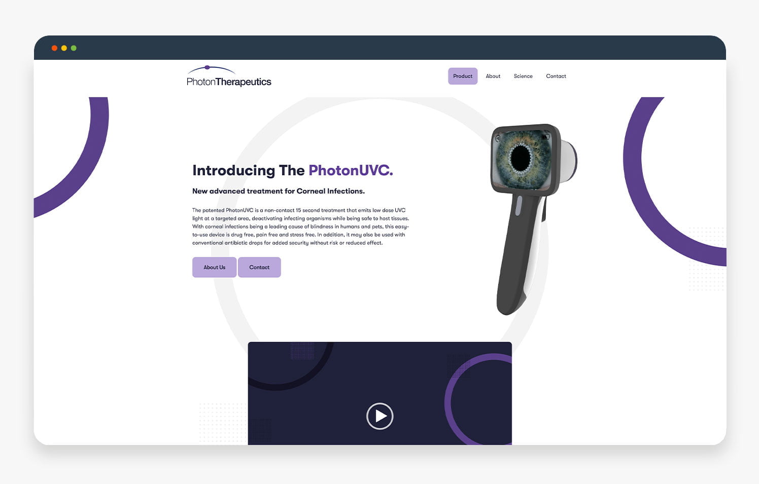 PhotonUVC device showcased on the website with a modern design and user interface