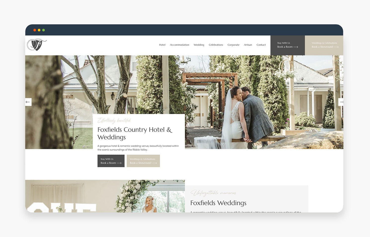 Homepage of Fawsley Country Hotel featuring a couple in wedding attire