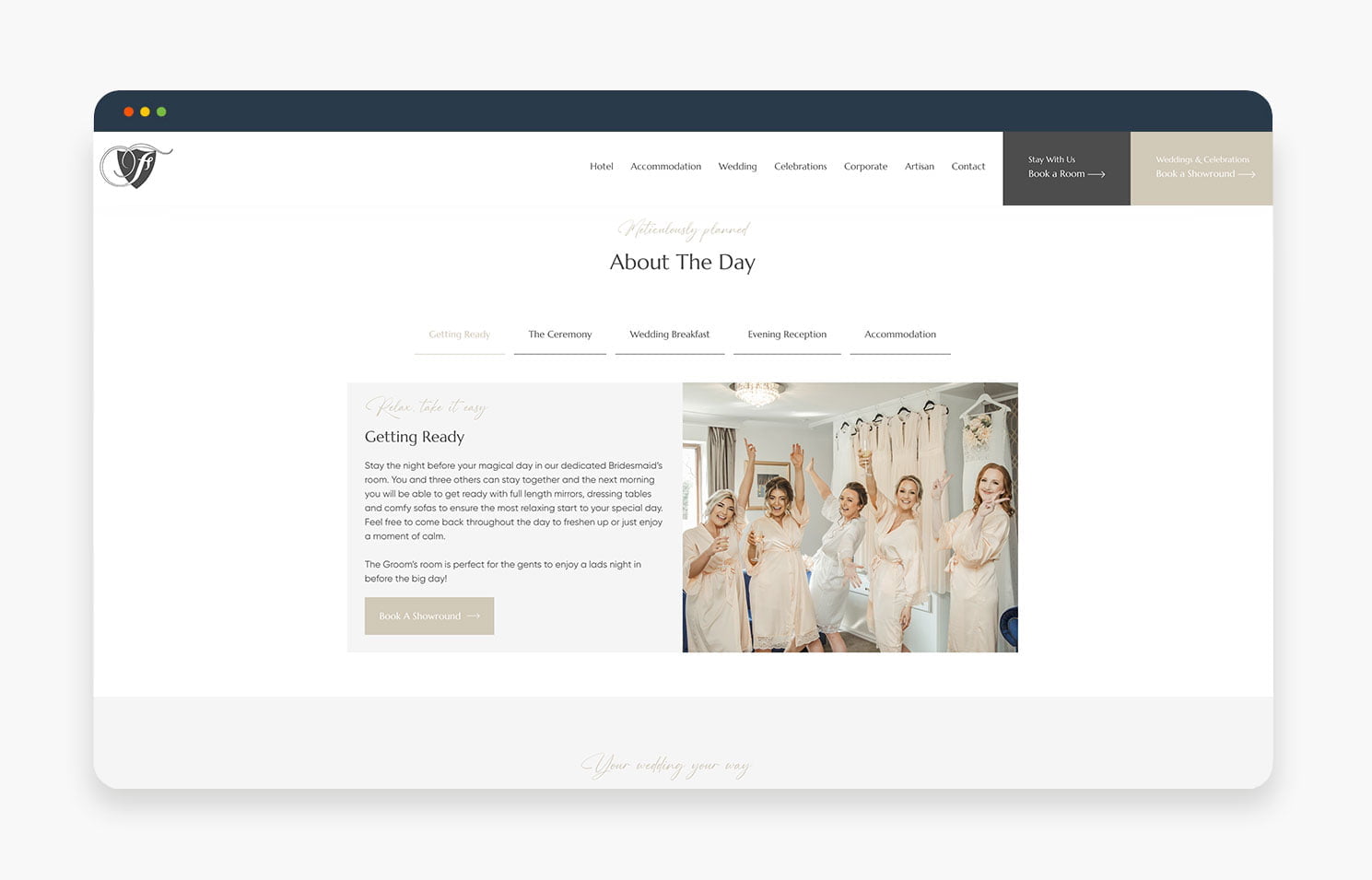 Screenshot of an elegant wedding planning website showcasing the 'About The Day' section with brides and wedding details