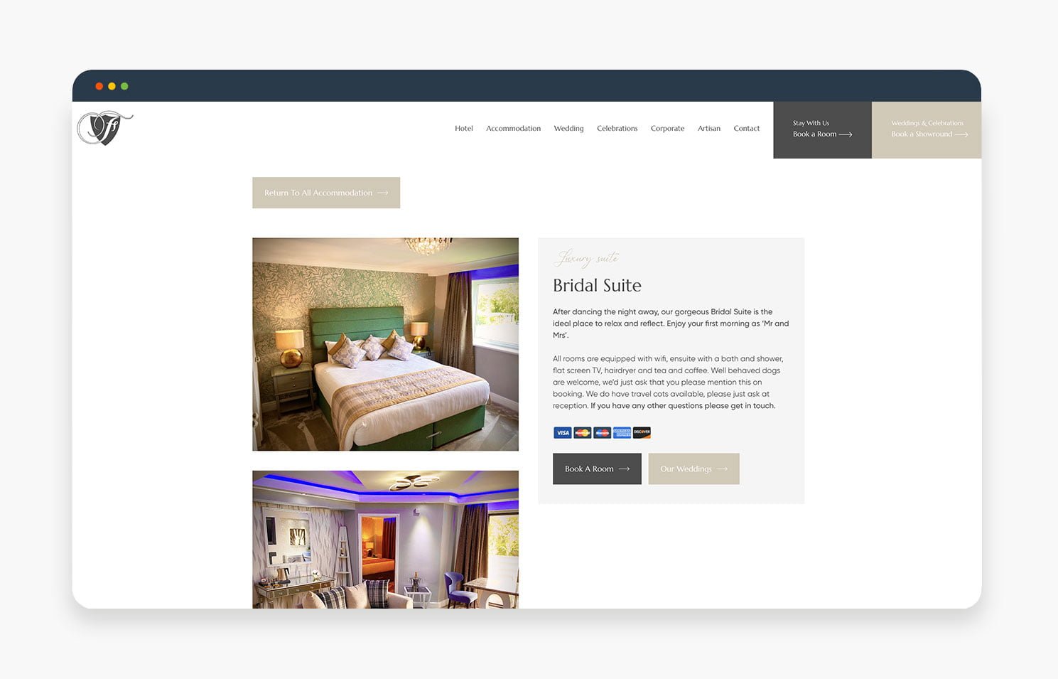 A beautifully designed bridal suite featuring a comfortable bed and elegant decor.