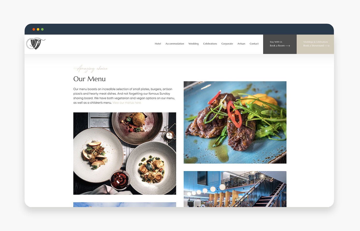A beautifully designed restaurant menu showcasing gourmet dishes including plated foods and a vibrant dish of meat with vegetables.