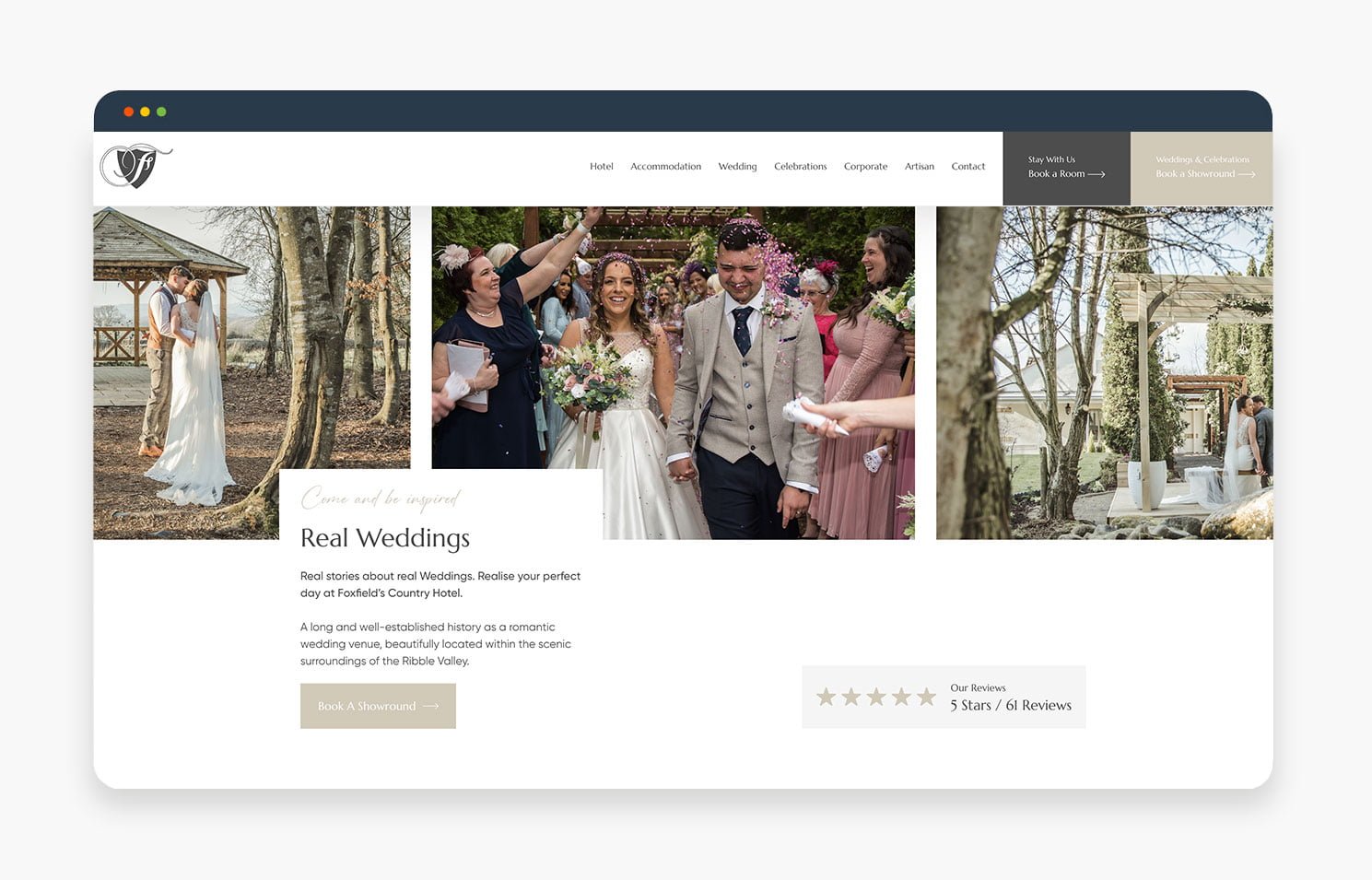 A wedding website featuring a couple's special day with images of the ceremony and celebration in a forest setting.