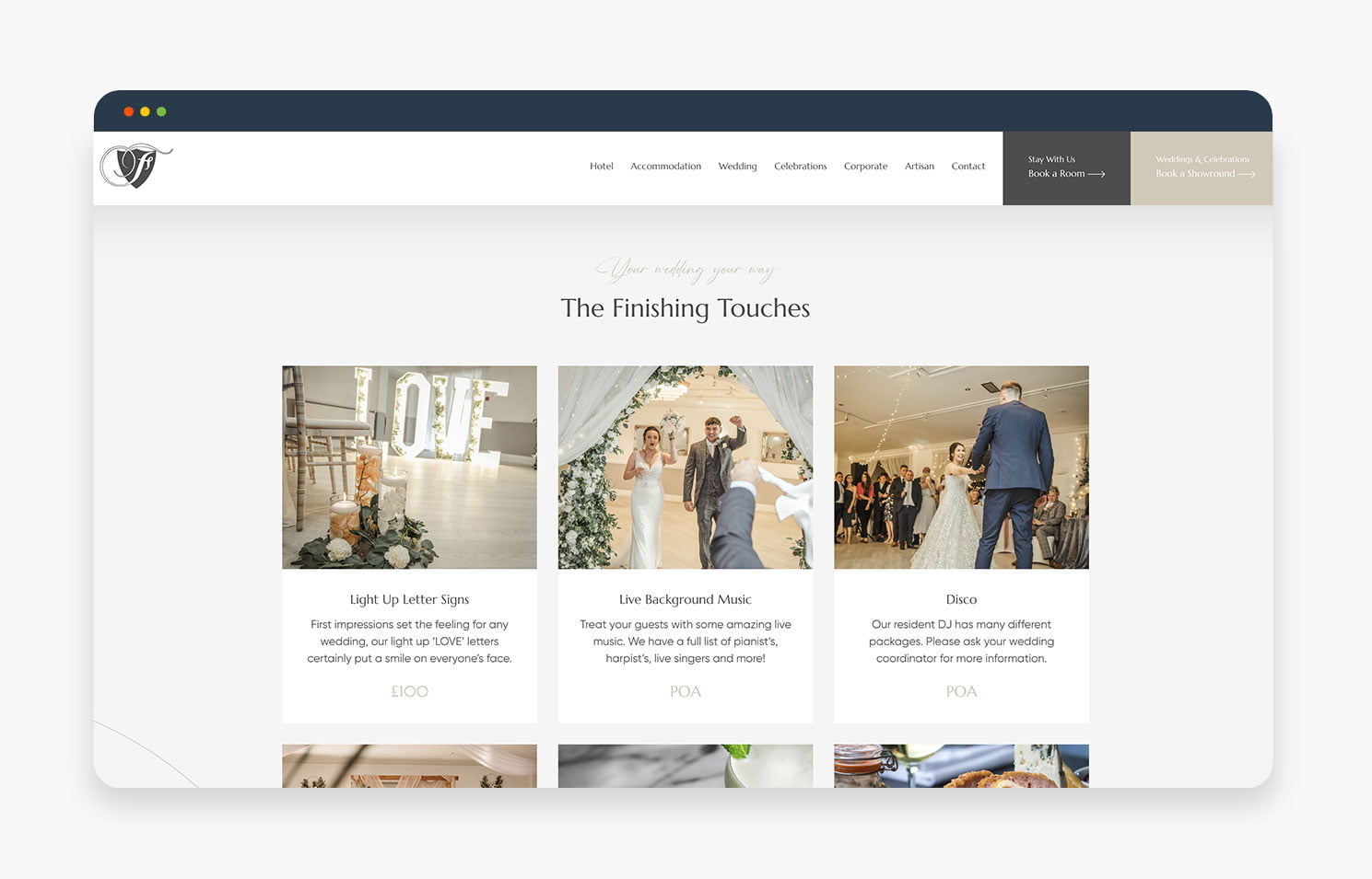 A layout of wedding planning services featuring elegant design and beautiful decor options.