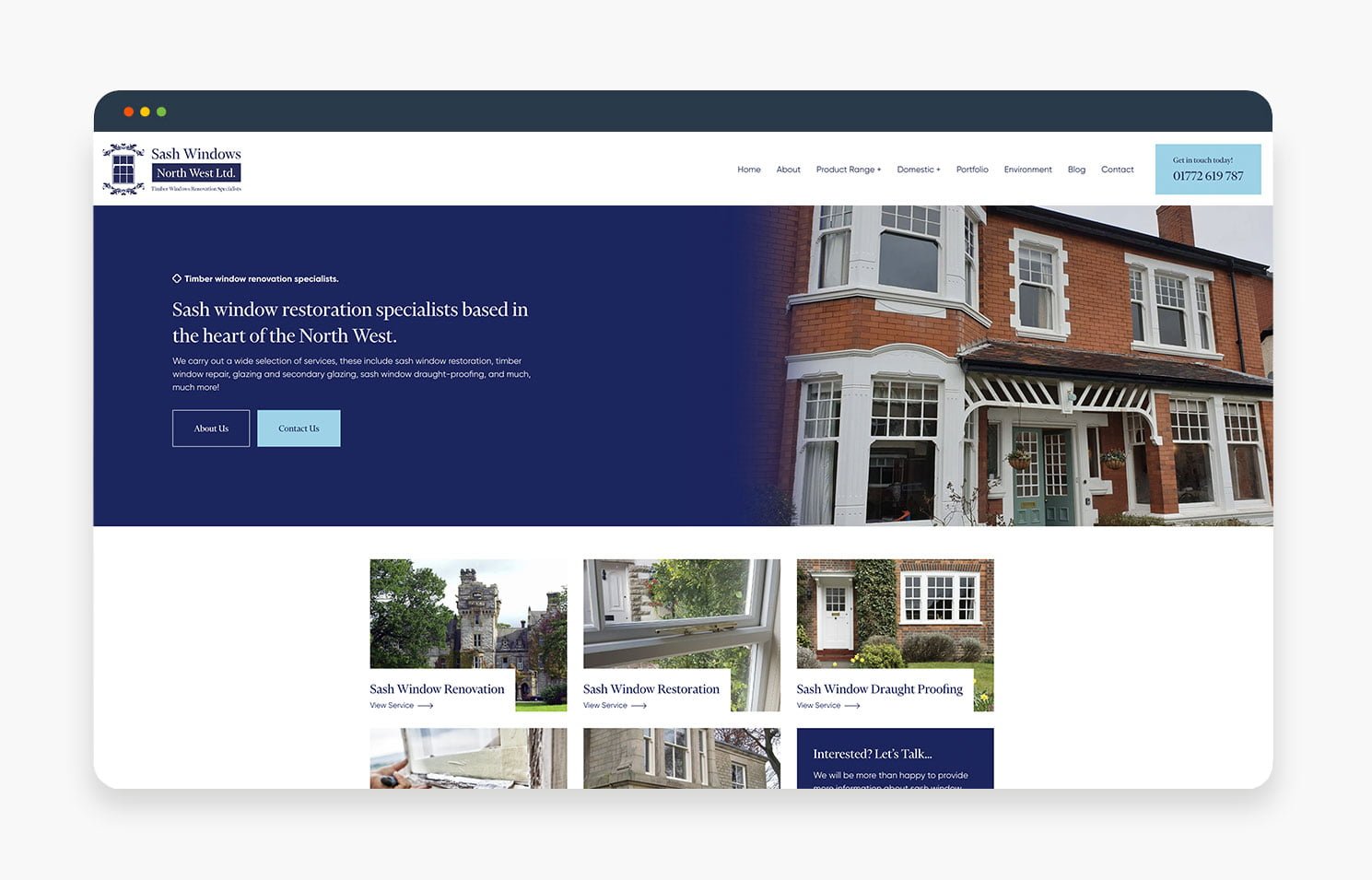 Screenshot of a home page showcasing window solutions services in the North West, featuring images of windows and a navigation bar.