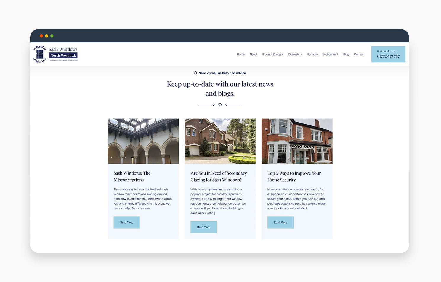 Screenshot of a real estate website homepage featuring the latest news and blog updates with three property images and action buttons.