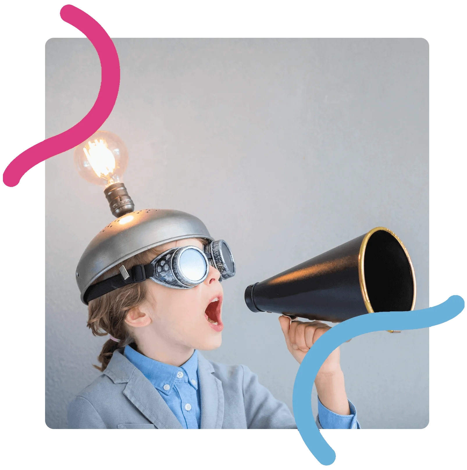 Creative Child Inventor with Light Bulb and Megaphone A young child wearing a makeshift inventor's helmet with a light bulb and goggles, passionately speaking into a megaphone.