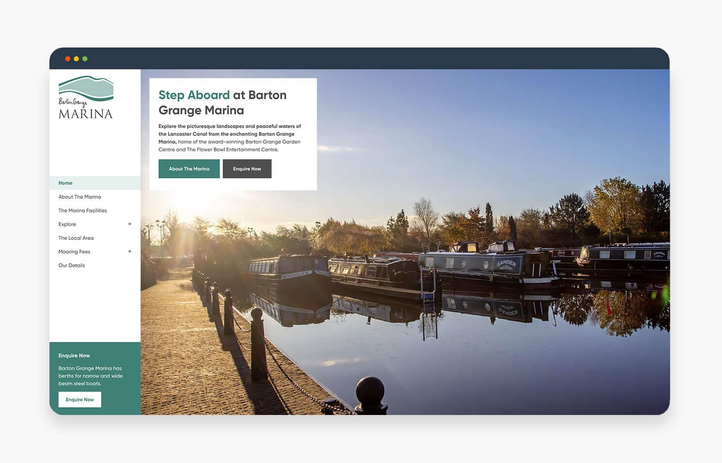 Scenic view of Barton Marina with boats moored along the calm waters and a clear sky.
