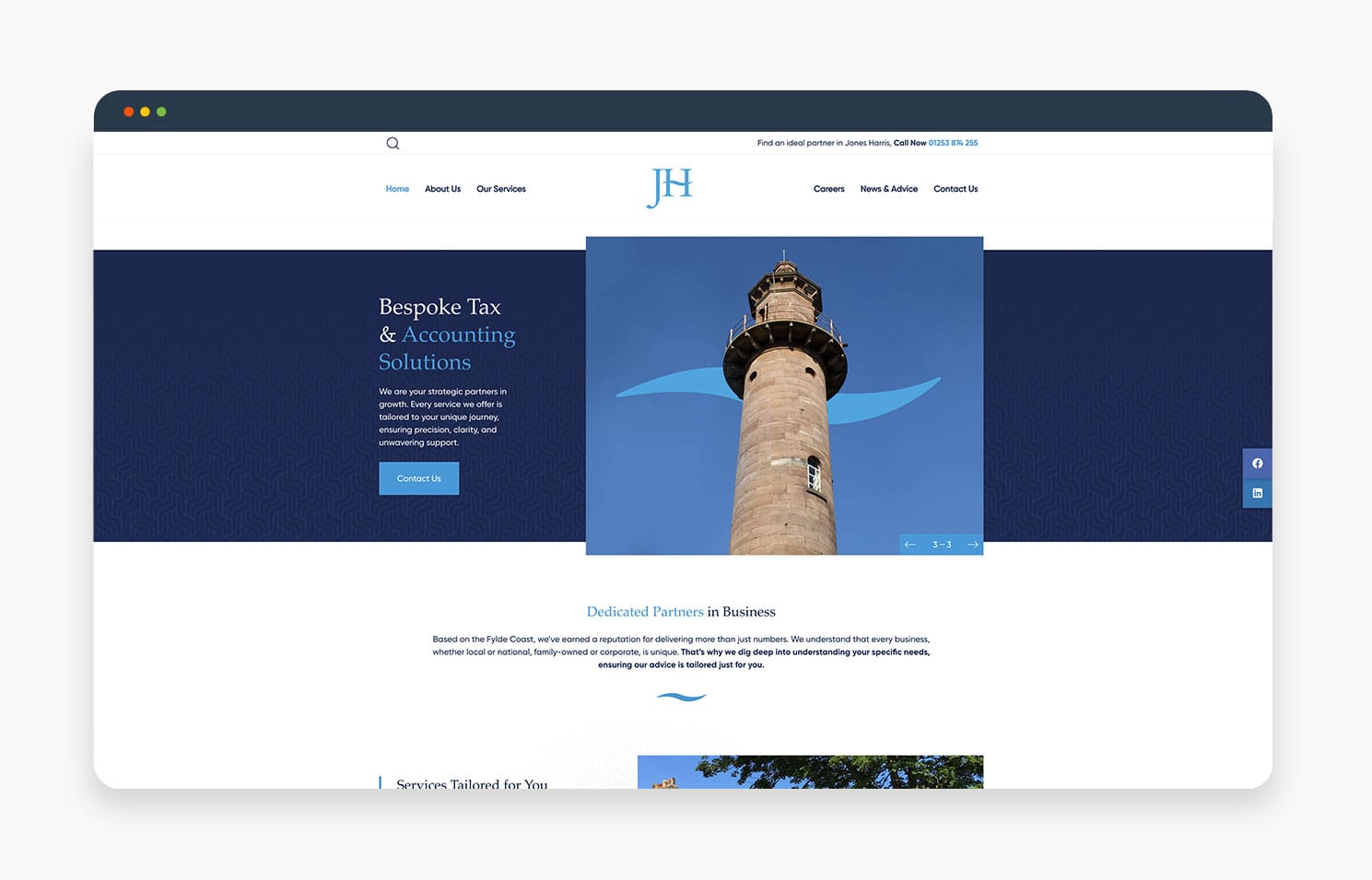 A tall lighthouse featured on a web page design with a blue background and navigation options.