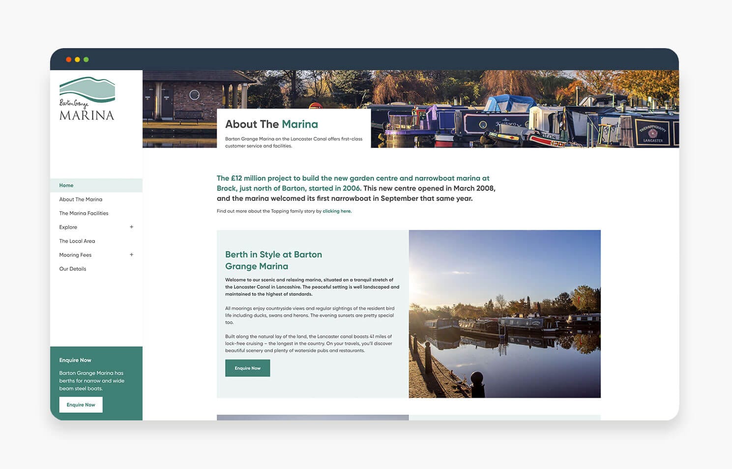 Website screenshot showcasing the About The Marina section, featuring picturesque boats and waterfront facilities.