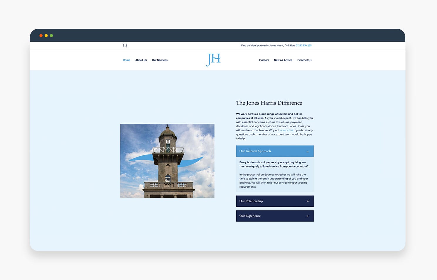 A clock tower surrounded by a clear blue sky, featured on a website showcasing the Jones Harris Difference.