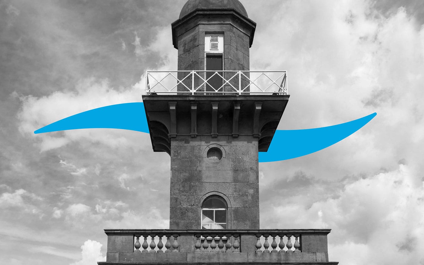 Black and white image of a lighthouse featuring a blue wave graphic overlay against a cloudy sky.