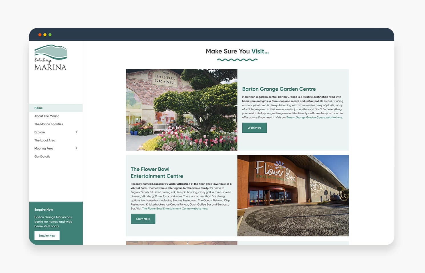 Screenshot of a website showcasing attractions to visit near Marina, featuring images and descriptions of local destinations.