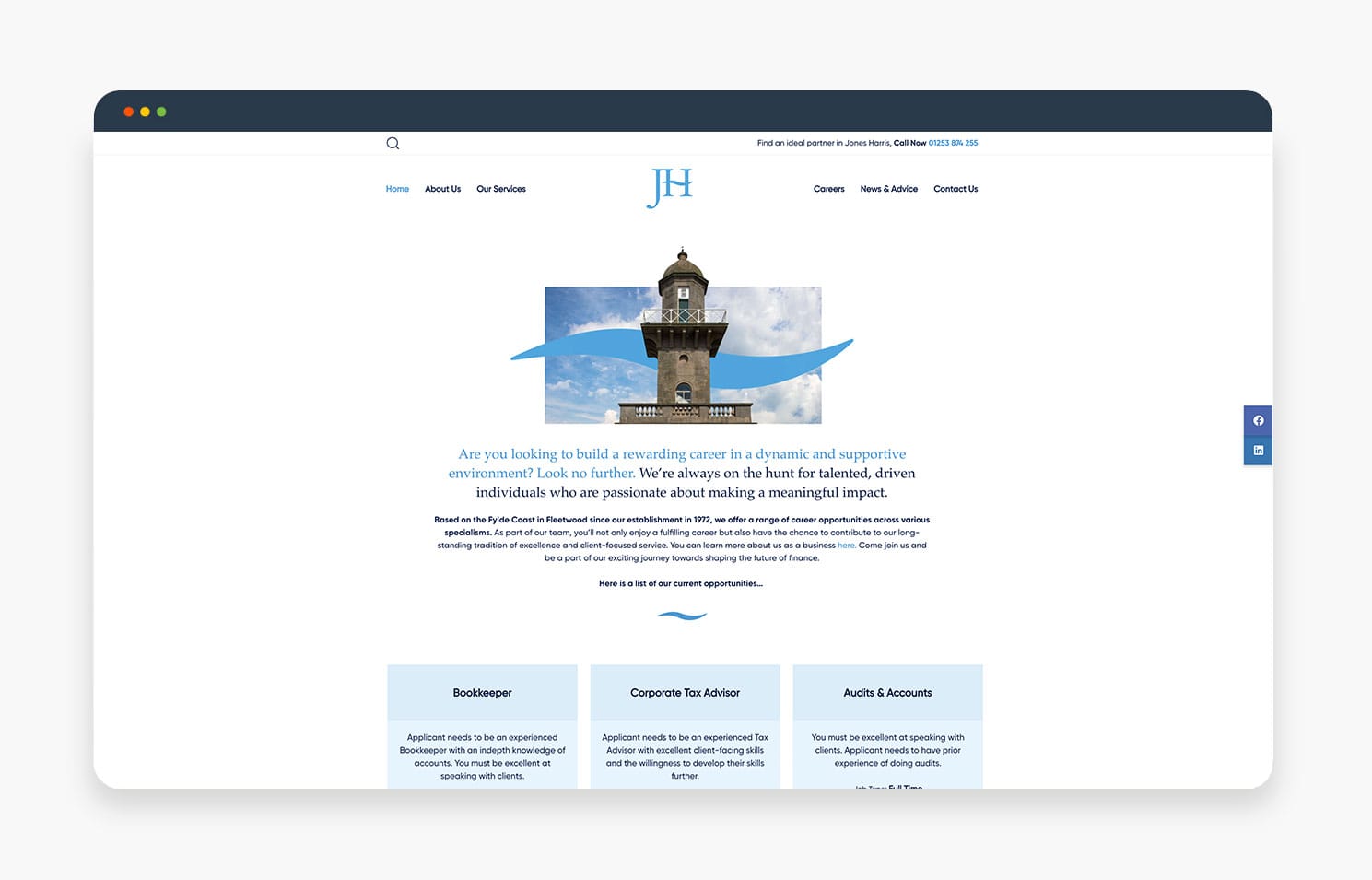A clean and modern website design showcasing a lighthouse in the center with blue accents.