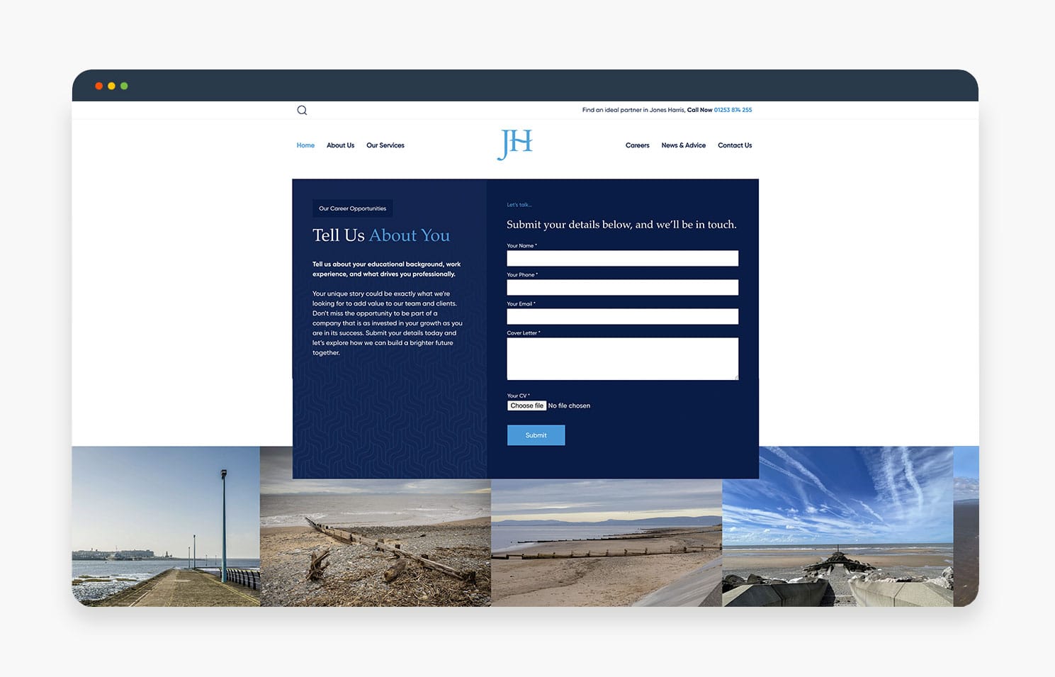 Website contact form on a coastal imagery background