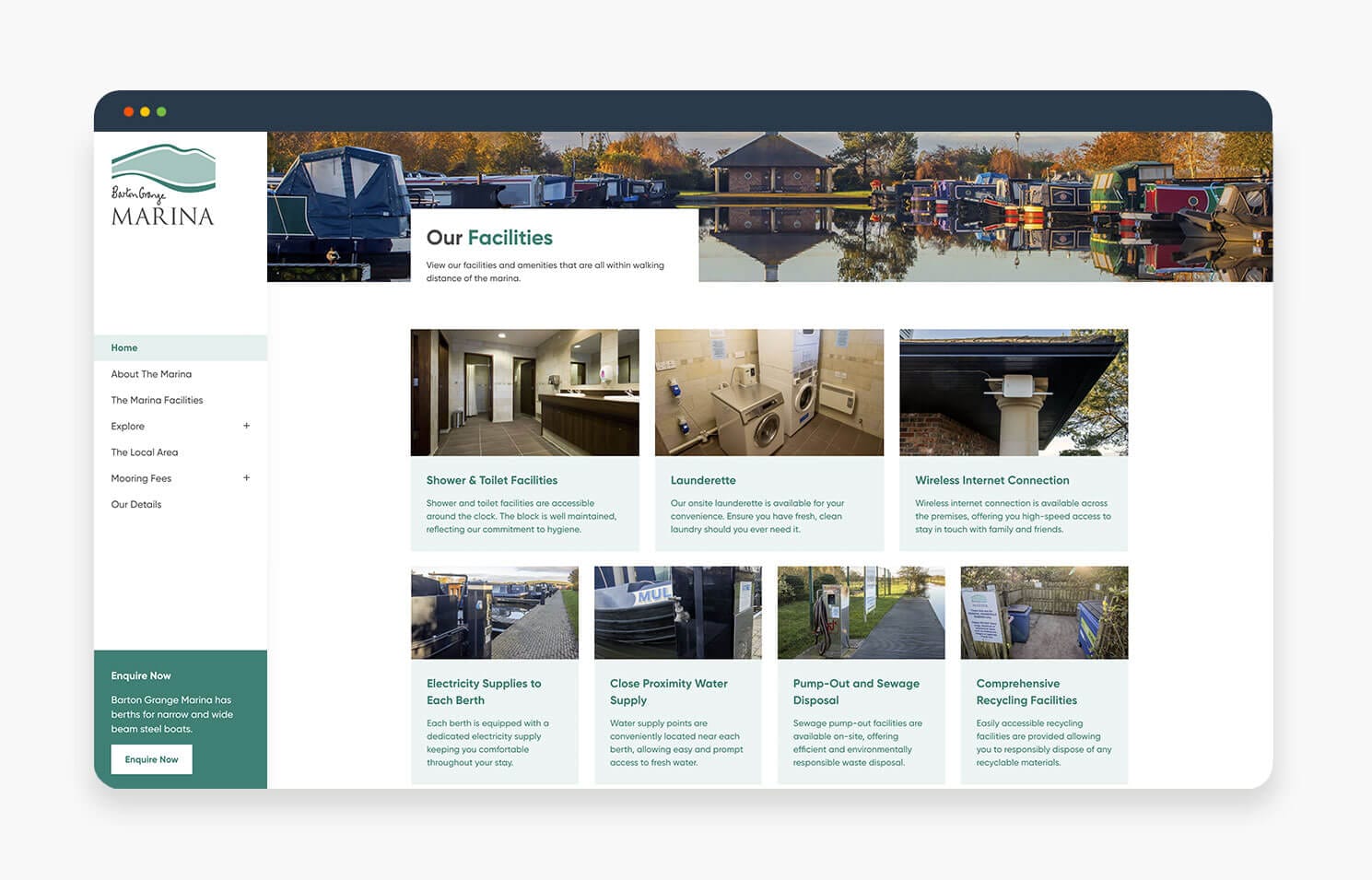 Barton Grange Marina webpage showing various facilities available for boaters and visitors, including images of bathrooms, showers, and other amenities.