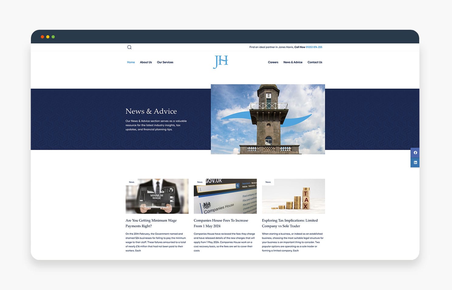 A screenshot of a website showcasing a news and advice section, with a prominent tower image and various articles displayed.