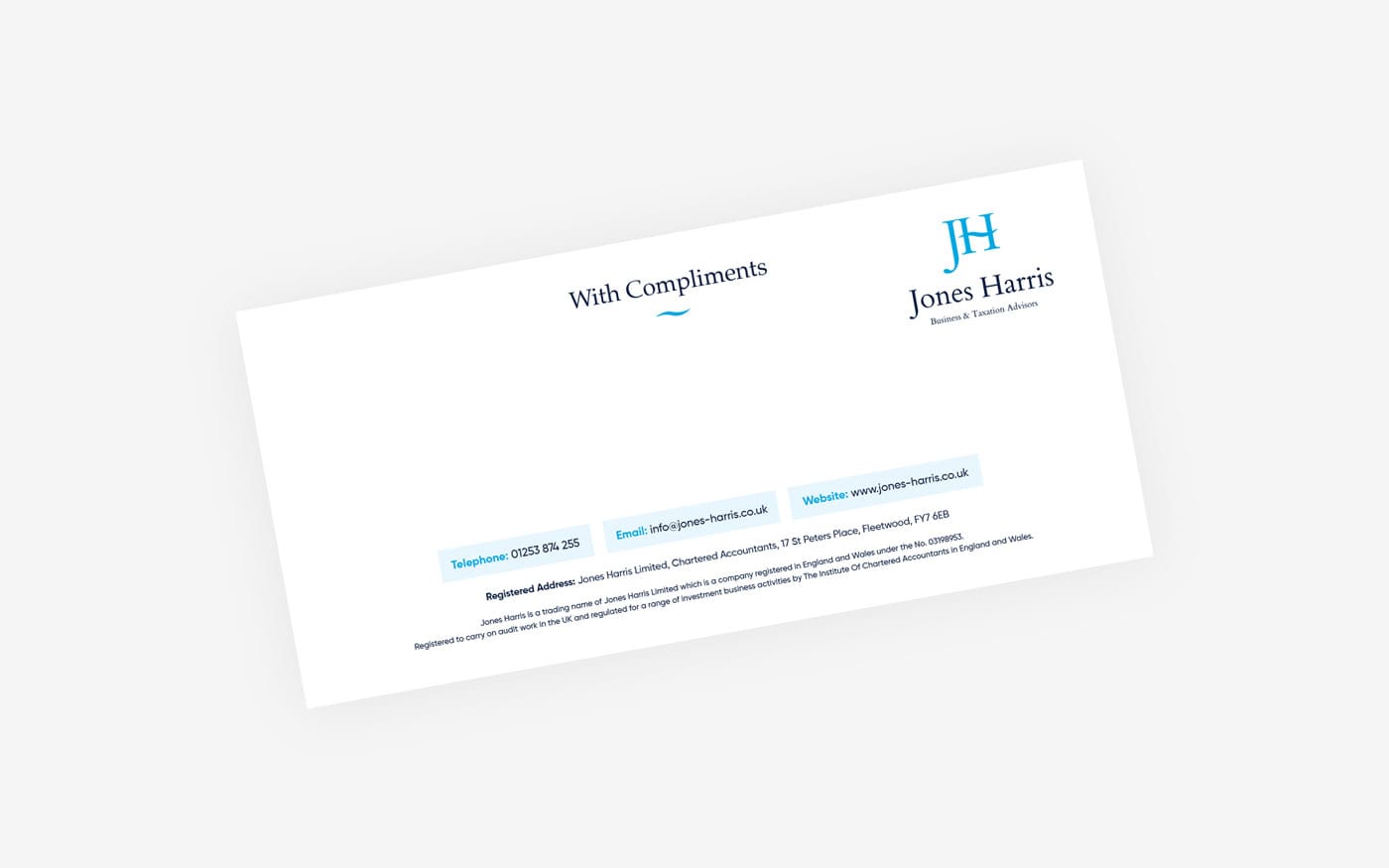 Business card design showcasing elegantly styled logo and contact information by Jones Harris.