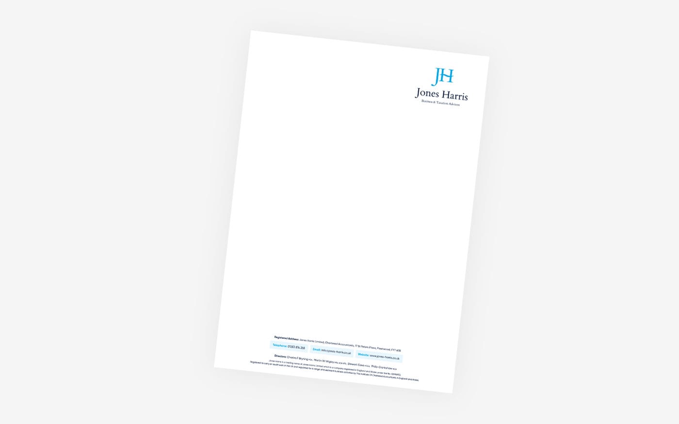 A blank letterhead featuring a logo and contact information layout on a clean white background.